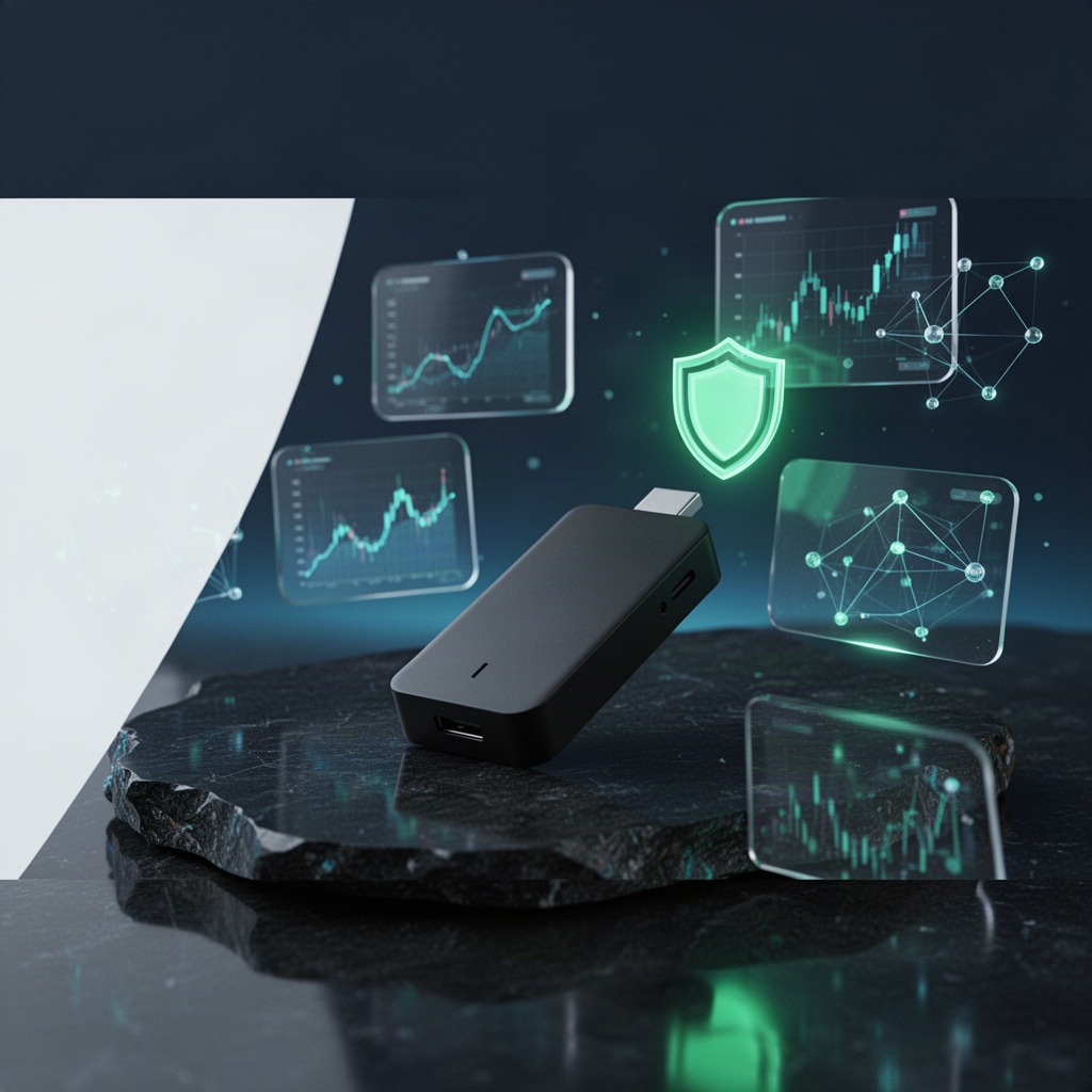 A Trezor Suite portfolio dashboard on a laptop screen next to a connected Trezor hardware wallet